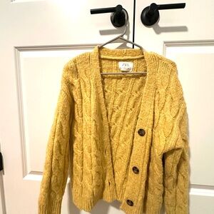 Zara Yellow Cable-Knit Button-Front Cardigan
